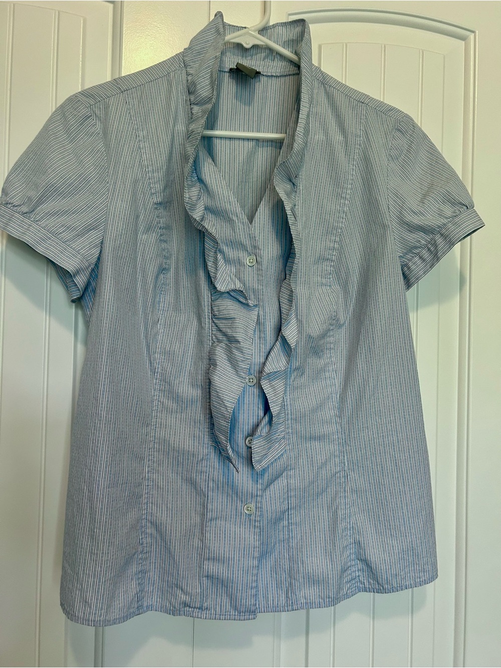 Ann Taylor Light Blue & White Striped Ruffle-Front Button Down Blouse